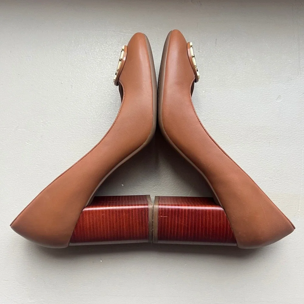 Tory Burch Janey Women 10.5 Tan Brown Leather Block Wood‎ Grain Heel Logo Pump